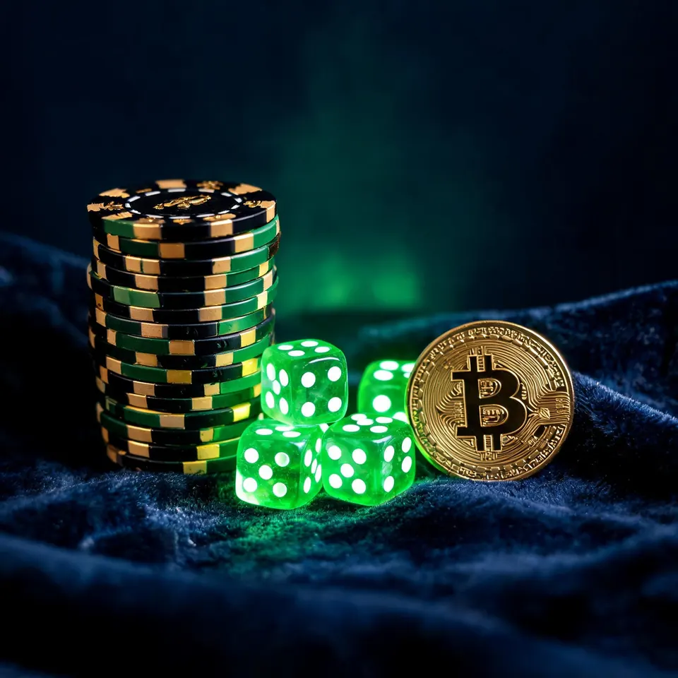 Jetons de casino verts et noirs, dés et pièce Bitcoin sur velours bleu nuit